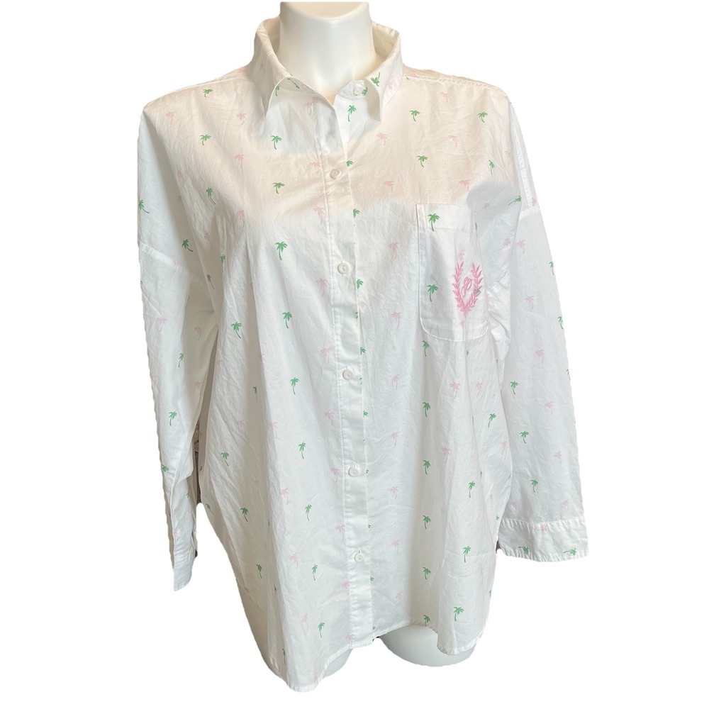 Victorias Secret PINK‎ Boyfriend Shirt Button Up XL Cotton Palm Trees Sleep